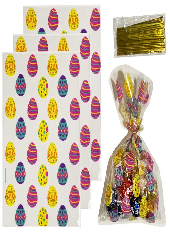 BASHOUT 100 Easter Cellophane Treat Bags, Colorful Egg Pattern, Ties are Included, Clear Bags Perfect for Candy, Colorful Easter Baggies - Image 1
